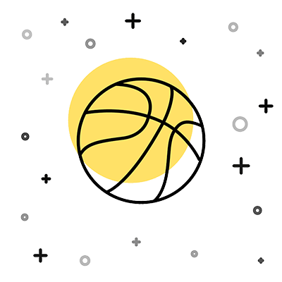 Eine Basketballstrichzeichnung mit einem gelben Schatten und Sternensymbolen als Wartebild für neue Beiträge